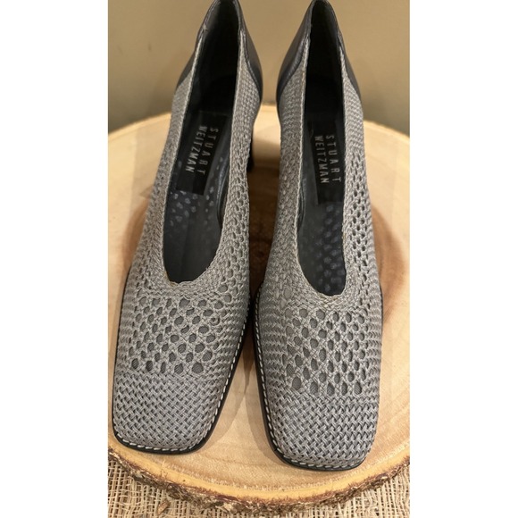 Stuart Weitzman Woven Mesh Point Block Heel Pumps Grey Silver Black Sz-8.5AA New - Picture 5 of 13